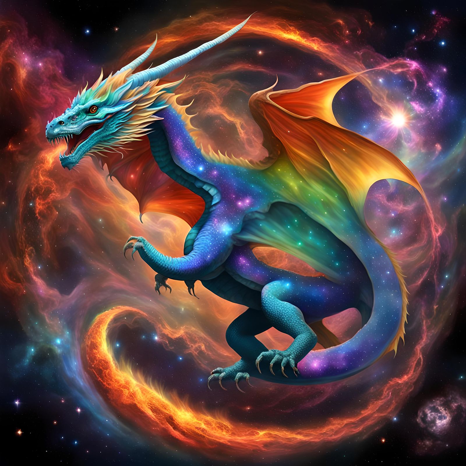 Cosmic Rainbow Dragon in Deep Space Nebula