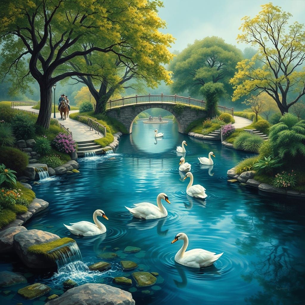 Surreal Landscape of Serene Oasis with Crystal Springs and M...