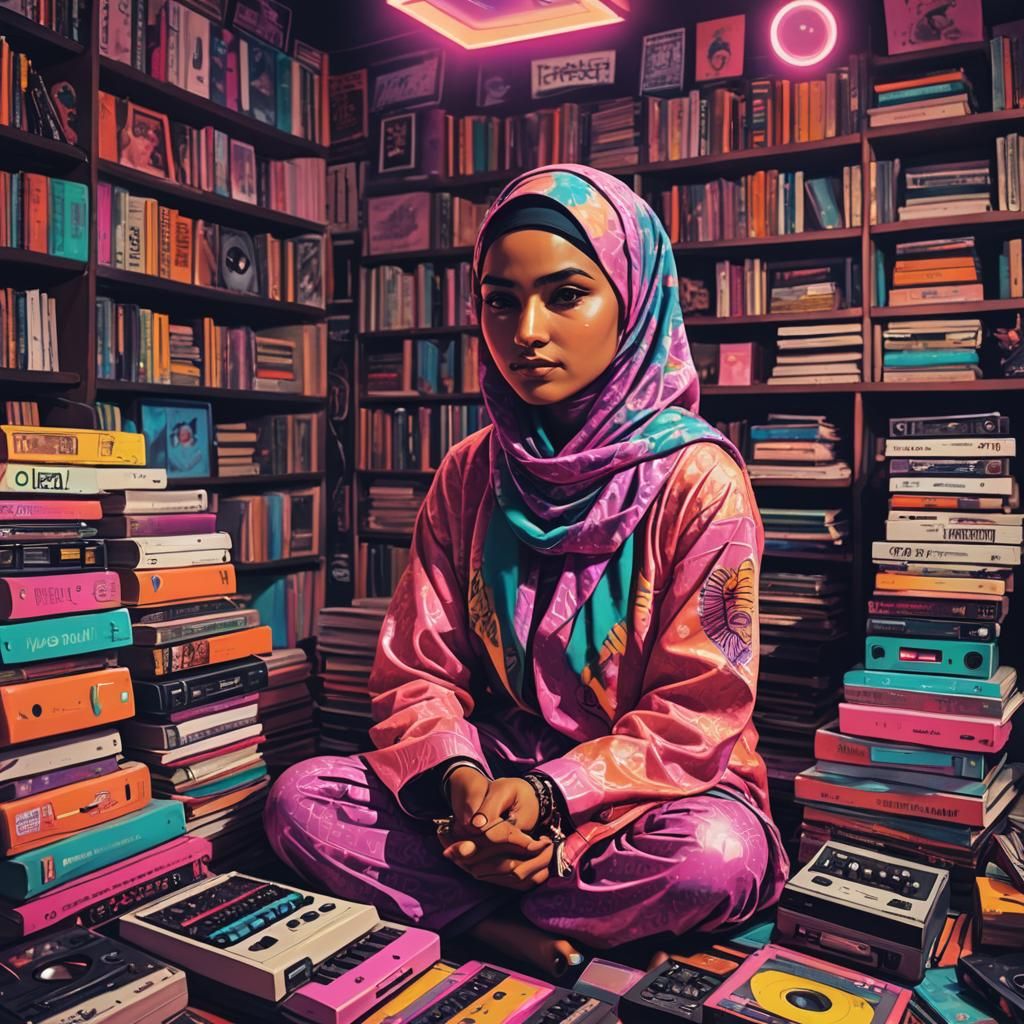 Synthwave Muslim Woman Playing Synthesizer in Neon Room