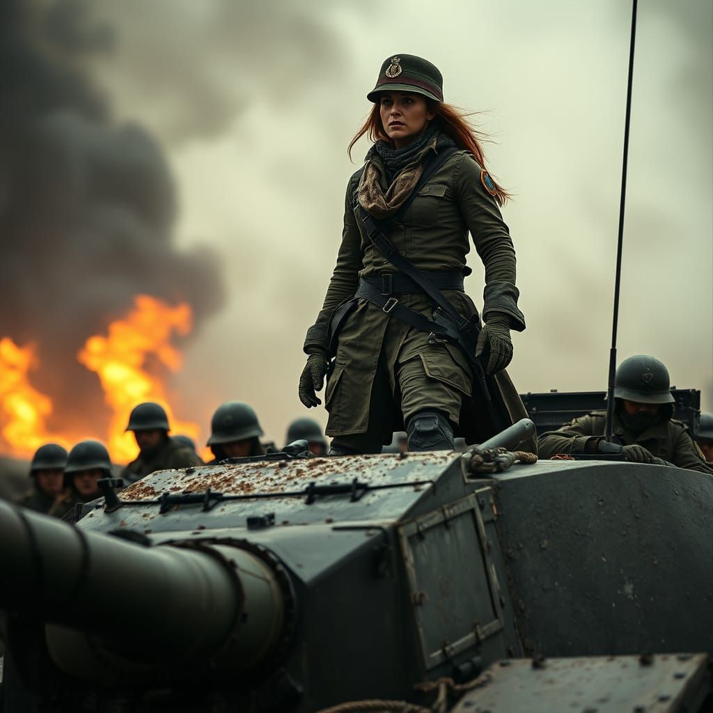 Female General Addresses Troops in Cinematic War Scene