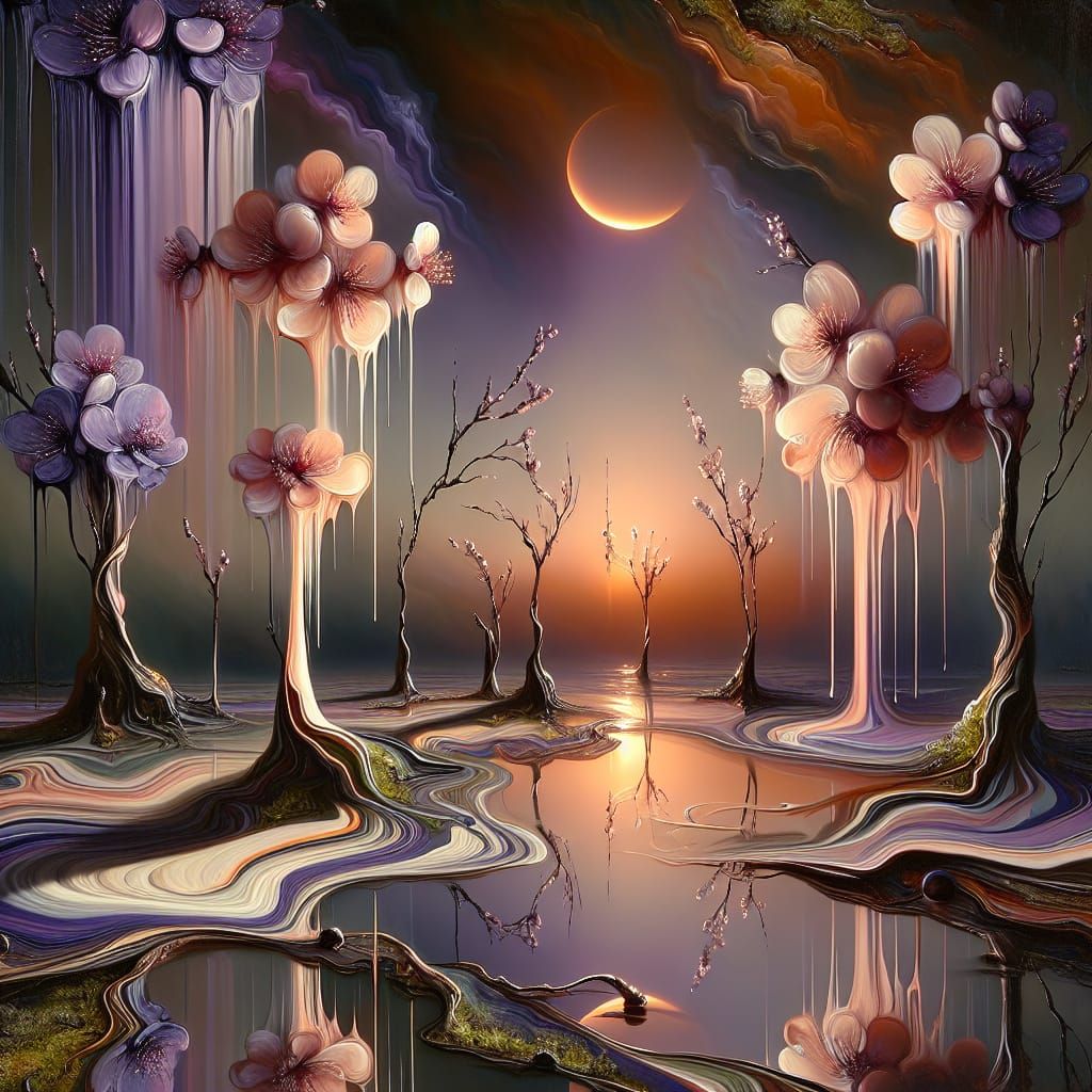 Surreal Twilight Garden with Dripping Blossoms