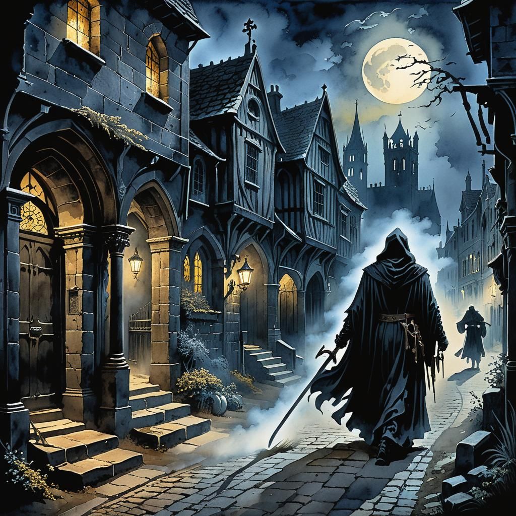 Grim Reaper in Medieval Street, Doré Style