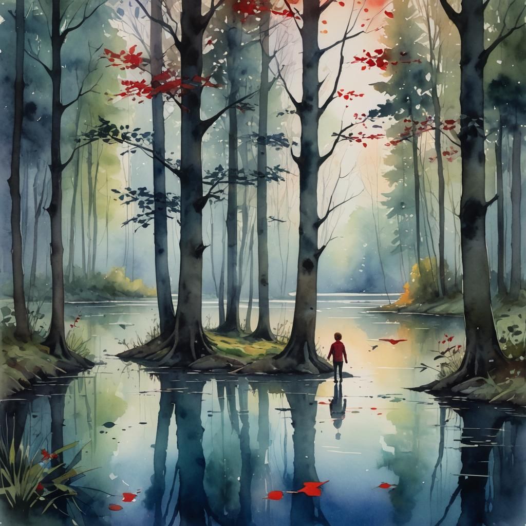 Watercolor Forest Scene with Boy and Kite
