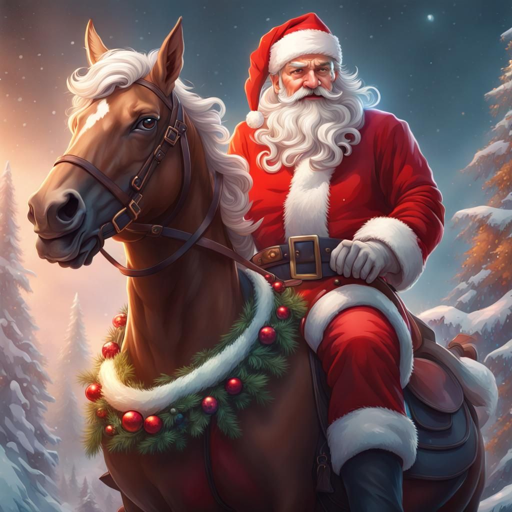 Santa Claus on Christmas Horse, Detailed Portrait