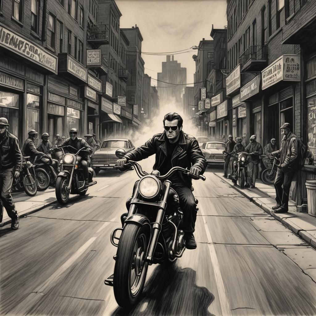 Biker on Harley in Charcoal Street Scene