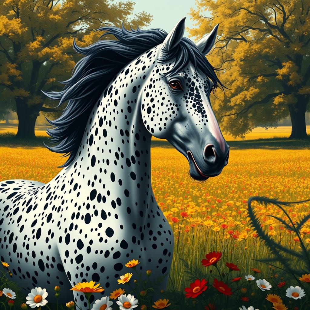 Majestic Dappled Horse in Autumn Flower Field