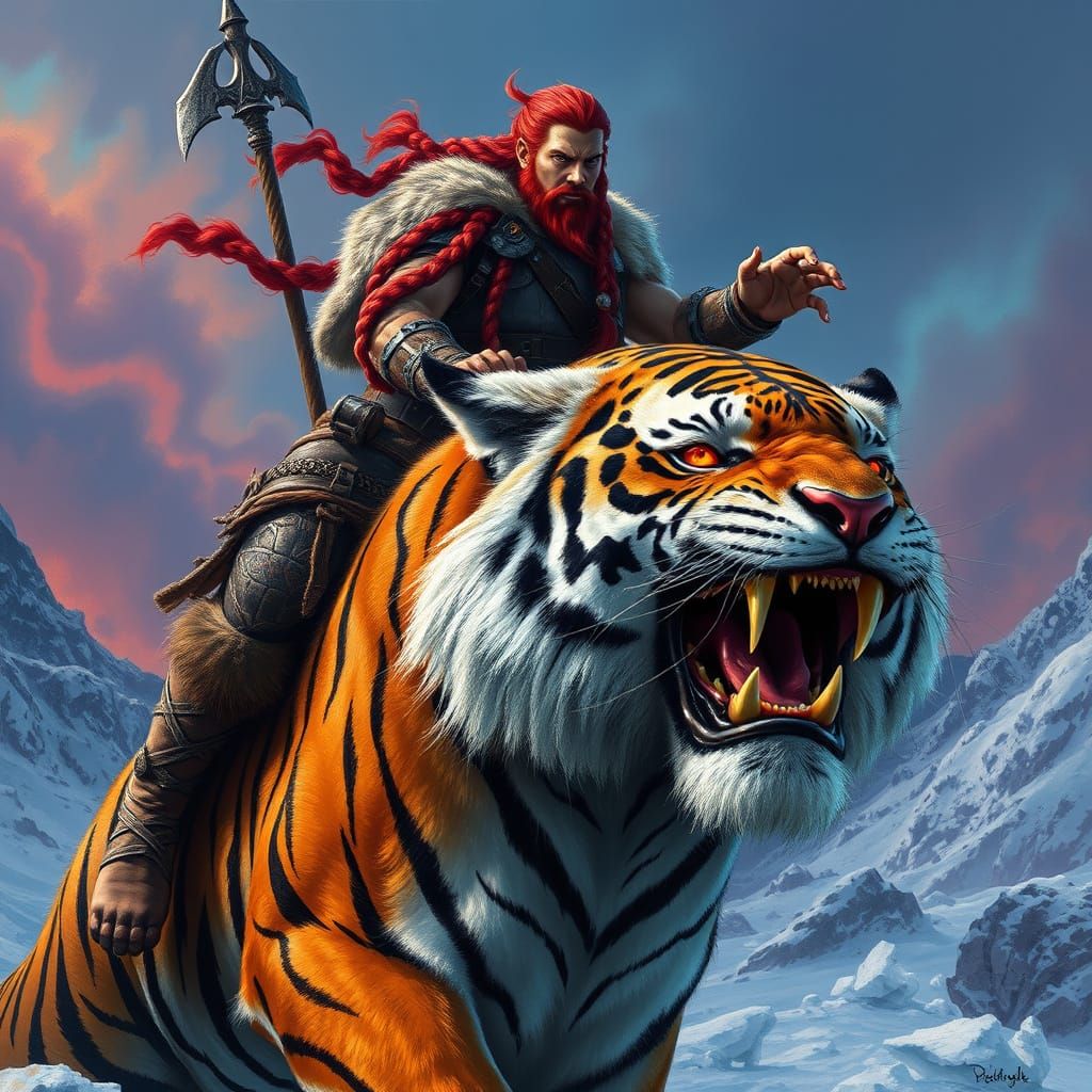 Barbarian Warrior Atop Sabertooth Tiger in Hyperrealistic St...