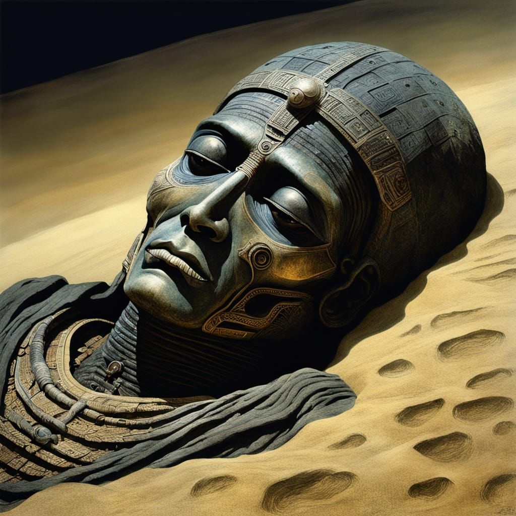 Ancient Anunnaki Pilot Mummy in Sand, Macabre Sinister Style