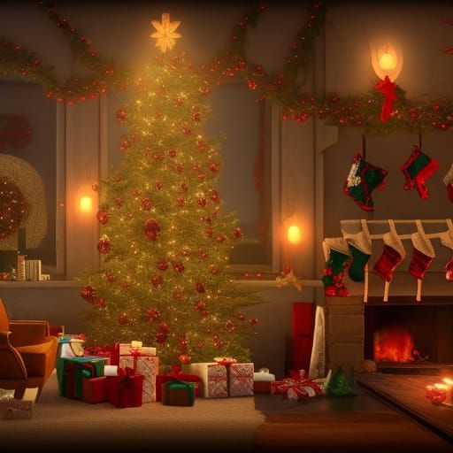Cozy Christmas Living Room in Detailed Digital Art