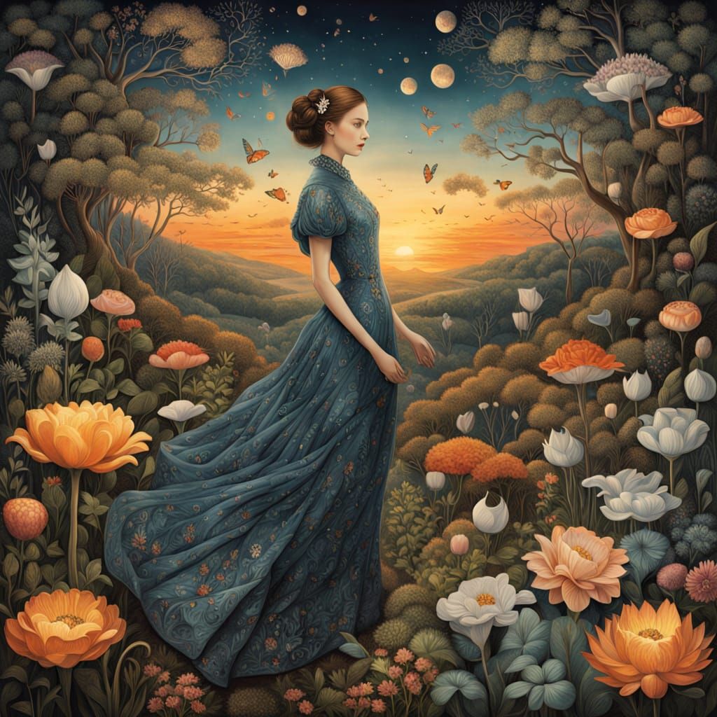 Woman as Sunset Hybrid in Enchanted Forest Artwork