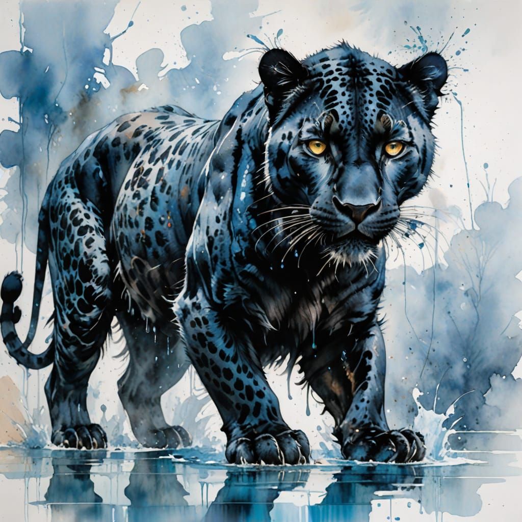 Winged Black Leopard Drinks in Winter Watercolor