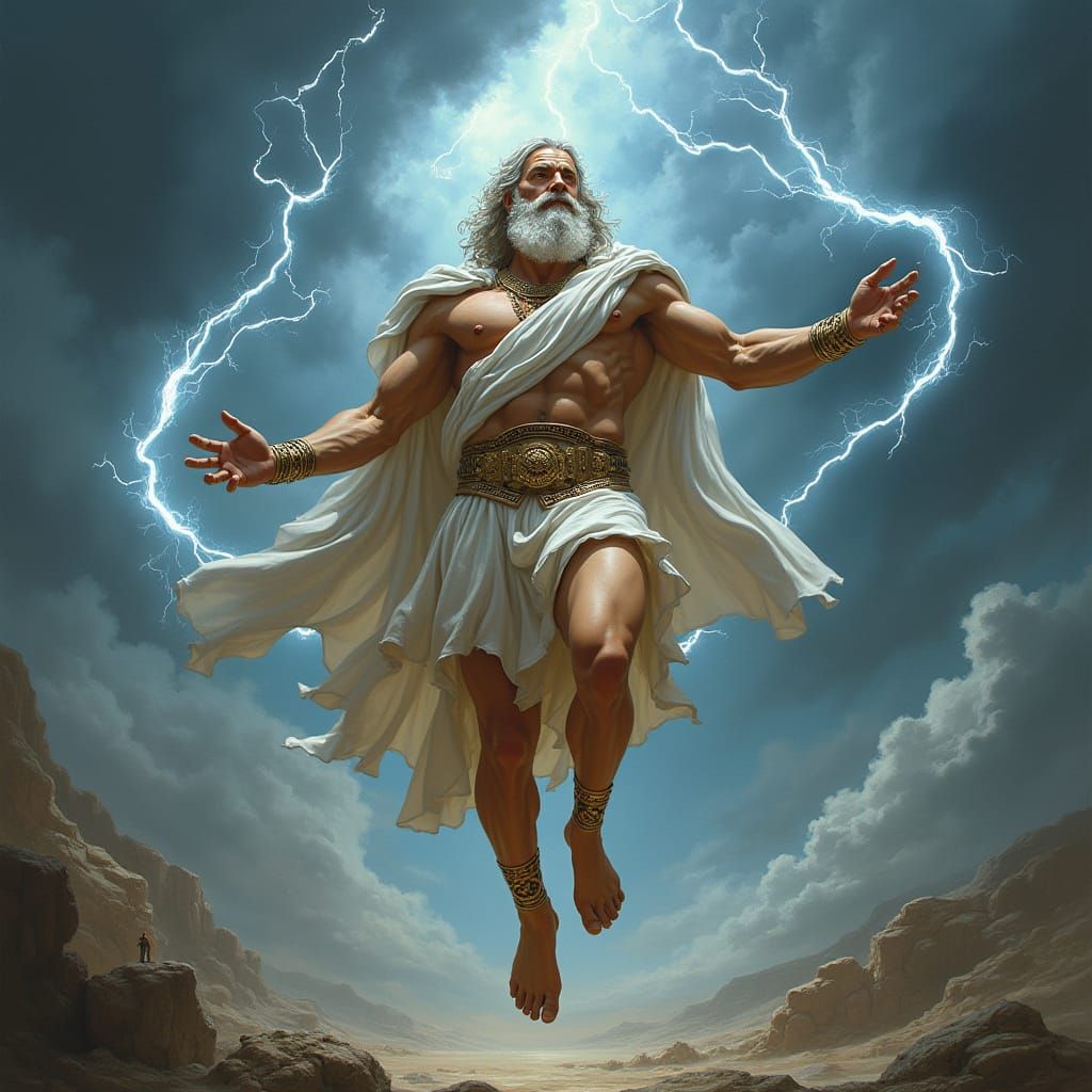 Zeus Ascending with Lightning, in Retro Sci-Fi Style