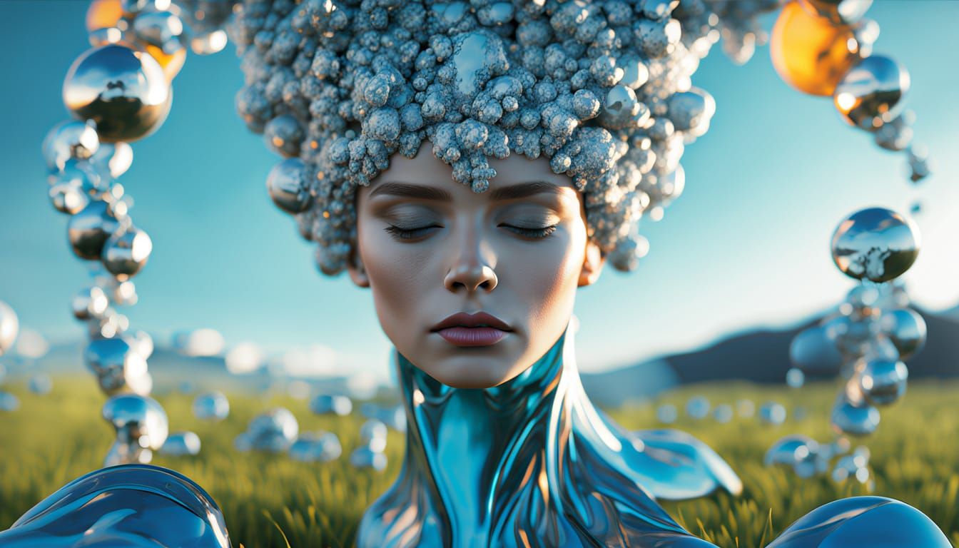 Surreal Green Sky Landscape with Blue Flowers