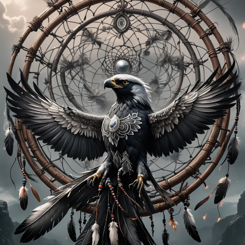 Thunderbird Dreamcatcher Arm Tattoo in Grayscale