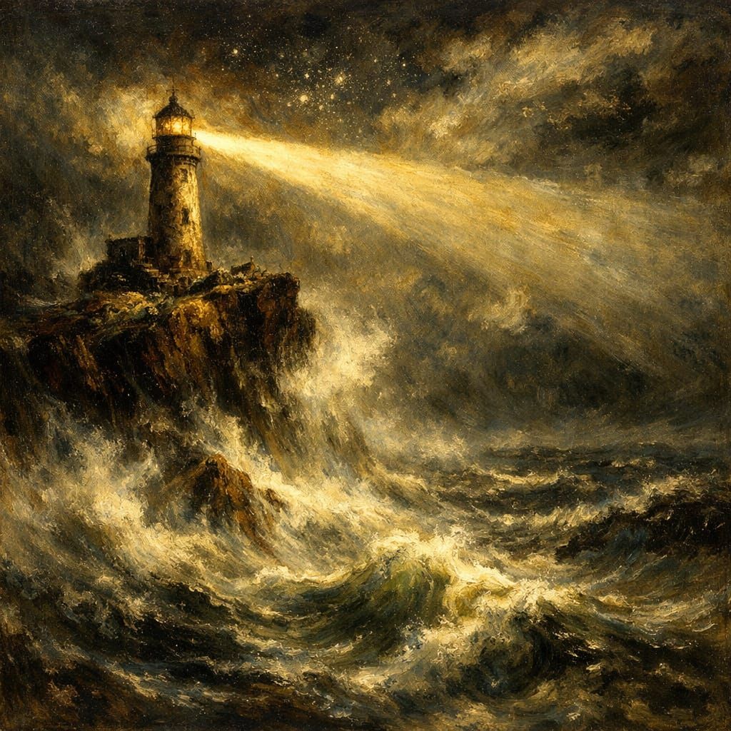 Dramatic Lighthouse Oil Painting Battling Stormy Seas