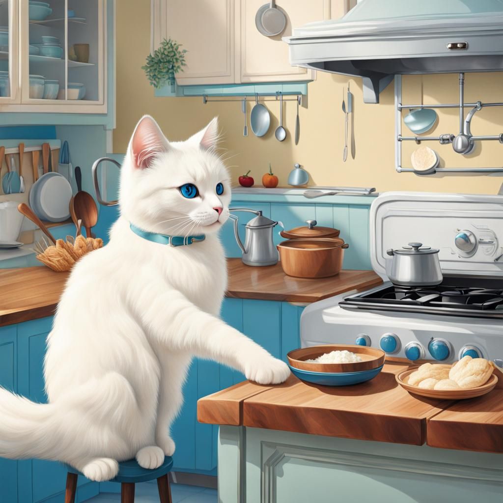 Blue-Eyed White Cat Watches Girl Cooking