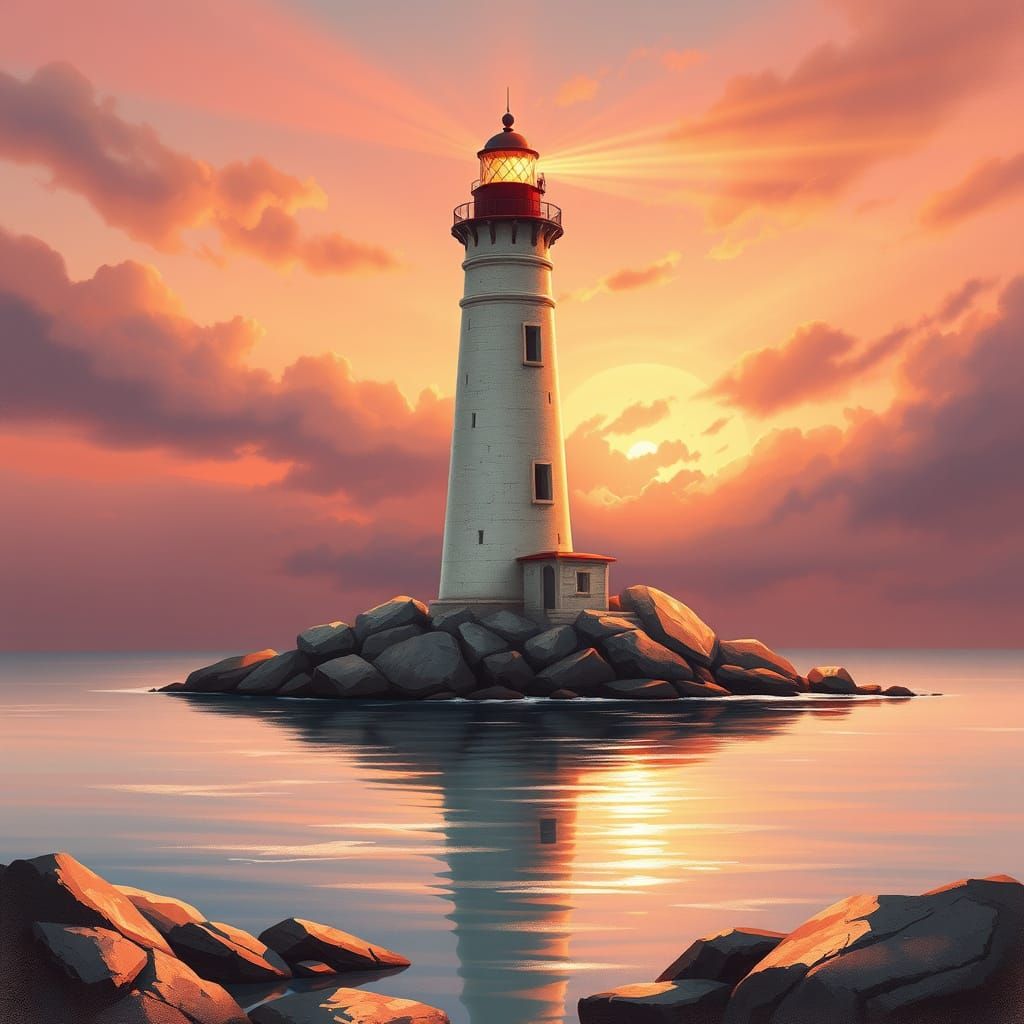 Lighthouse Beacon Guiding Through Romantic Evening Sky