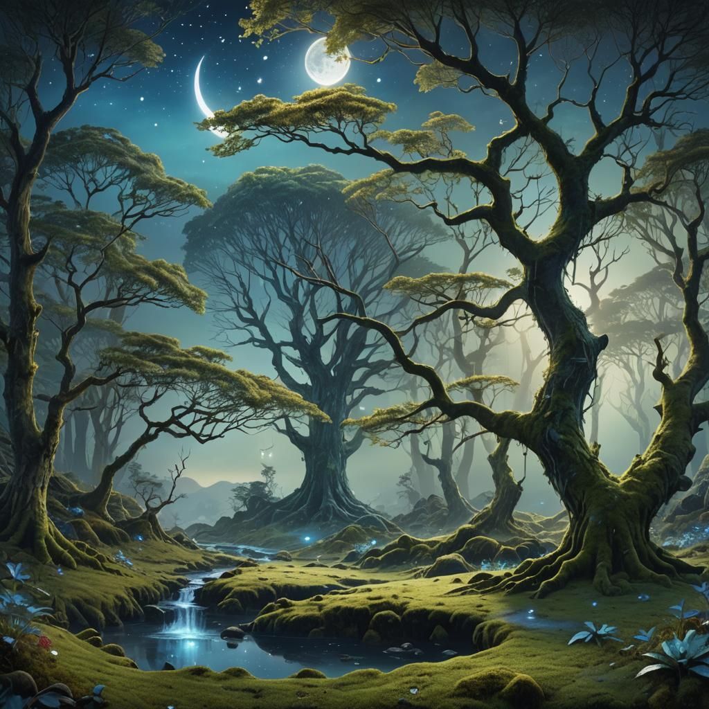 Magical Forest Illuminated by Crescent Moon: Digital Paintin...