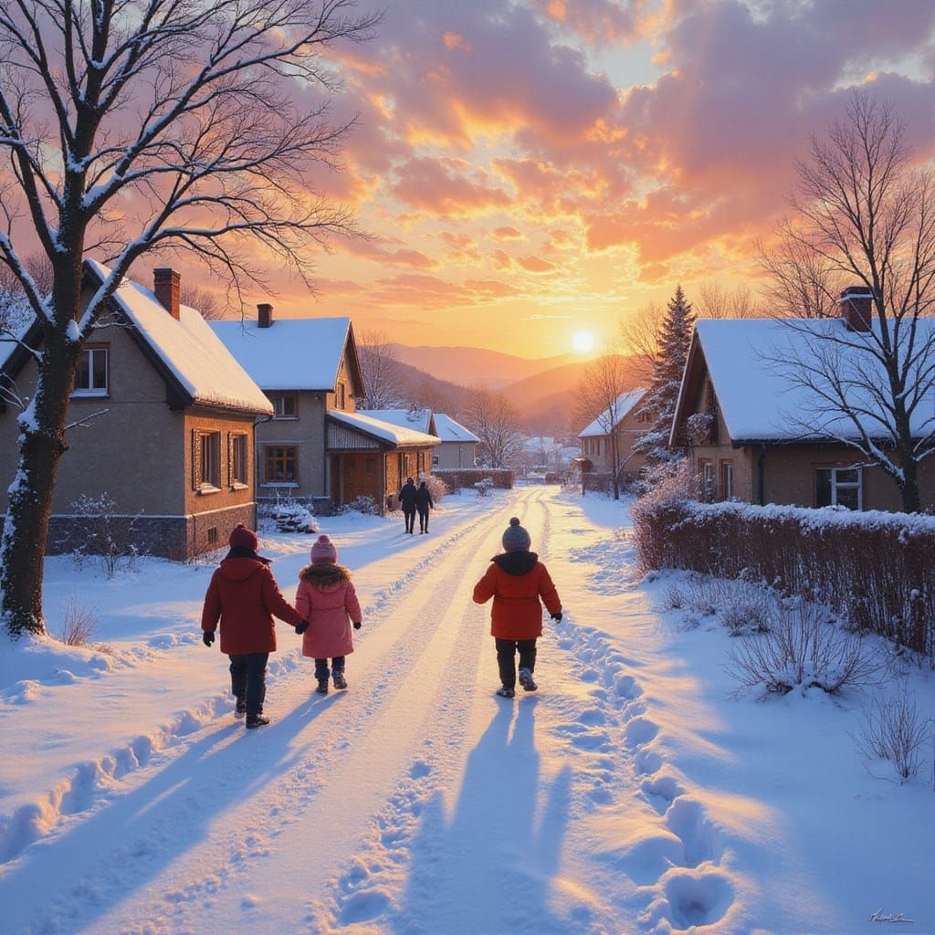 Charming Snow Village at Sunset in Impressionistic Style