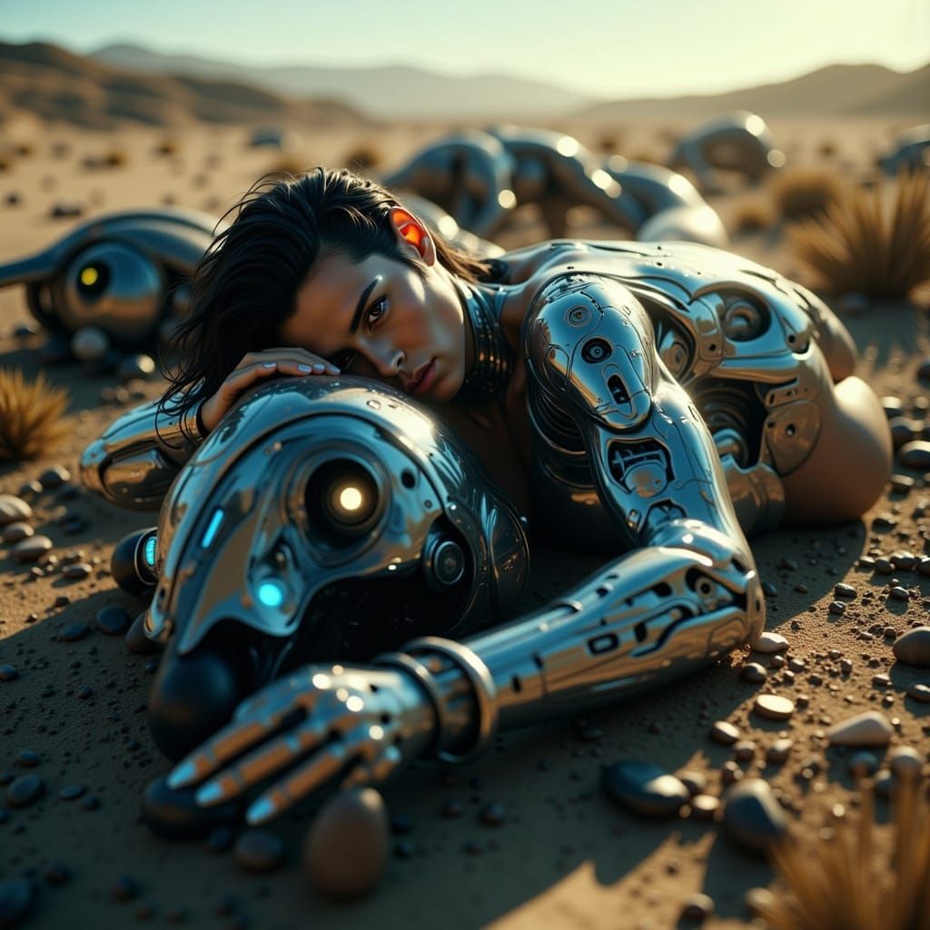 Terrified Cyborg in Post-Apocalyptic Wasteland