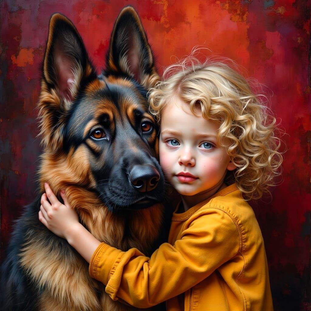 German Shepherd Hugged by Toddler in Pastel Colors