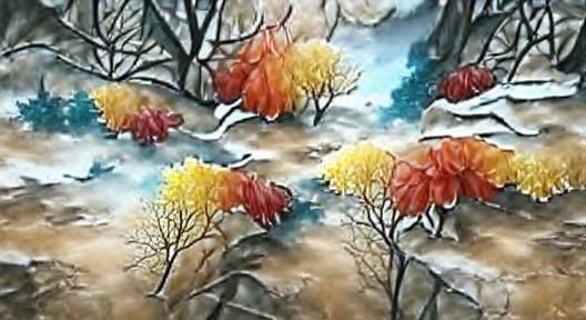 Autumn Trees in Snow: Detailed Acrylic Watercolor