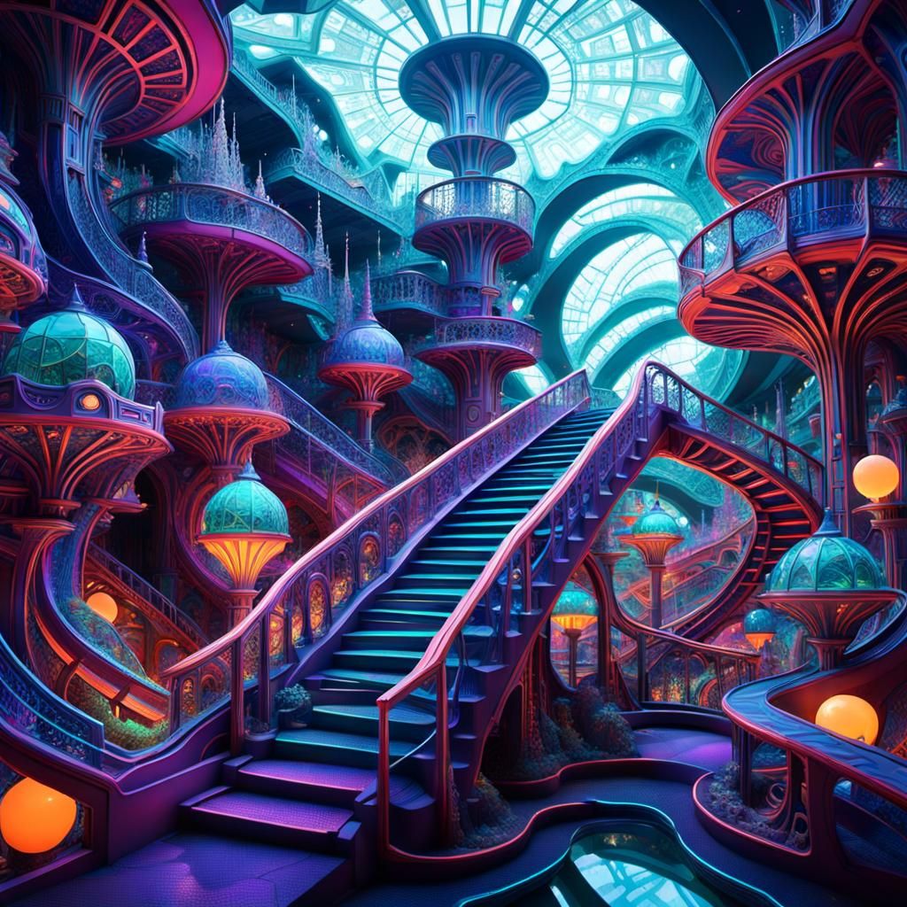 Kaleidoscopic Themepark with Neon Staircases and Impossible ...