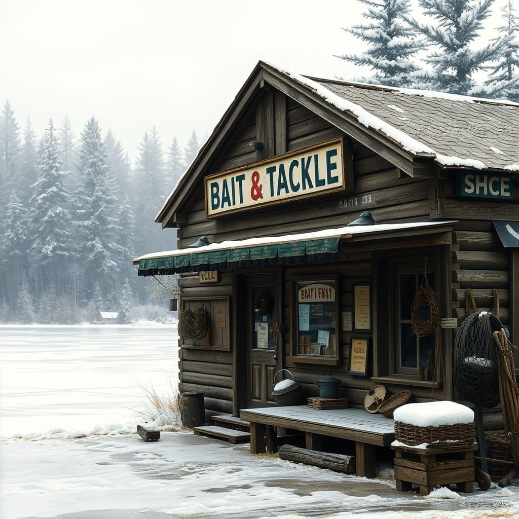 Quaint Bait Shop on Frozen Lake in Rural Style