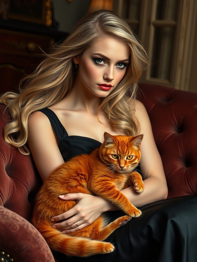 Elegant Blond Model Woman with Vibrant Red Cat in Soft Light...