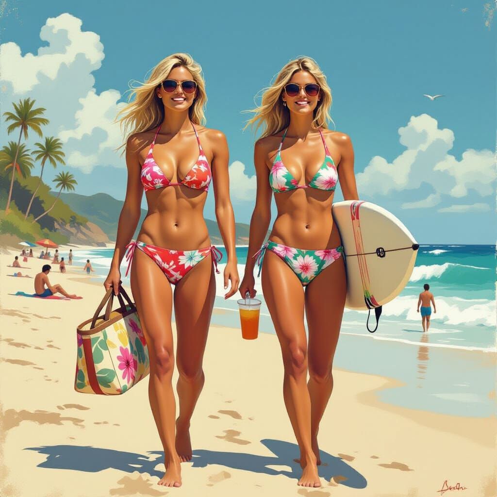 Muscular Female Surfers on Vibrant Beach