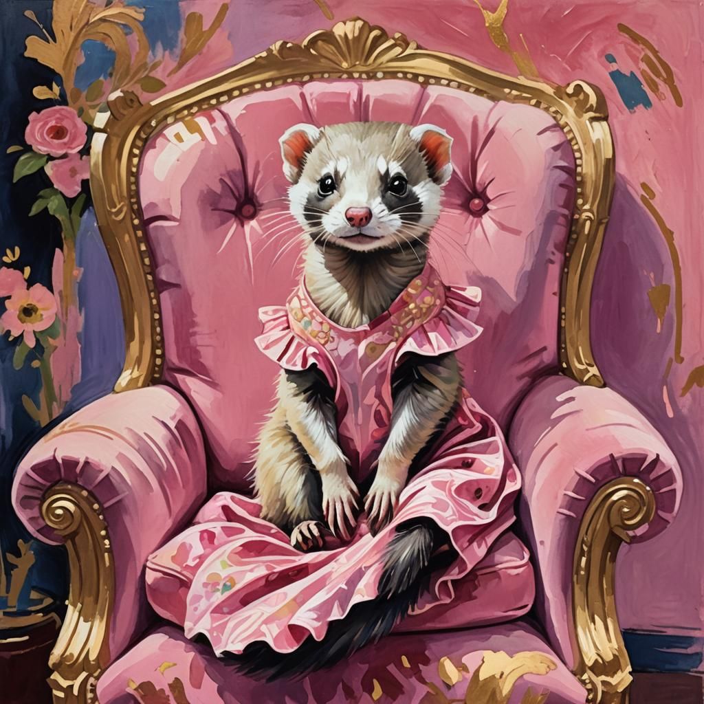 Ferret in Pink Dress on Velvet Armchair as Gouache