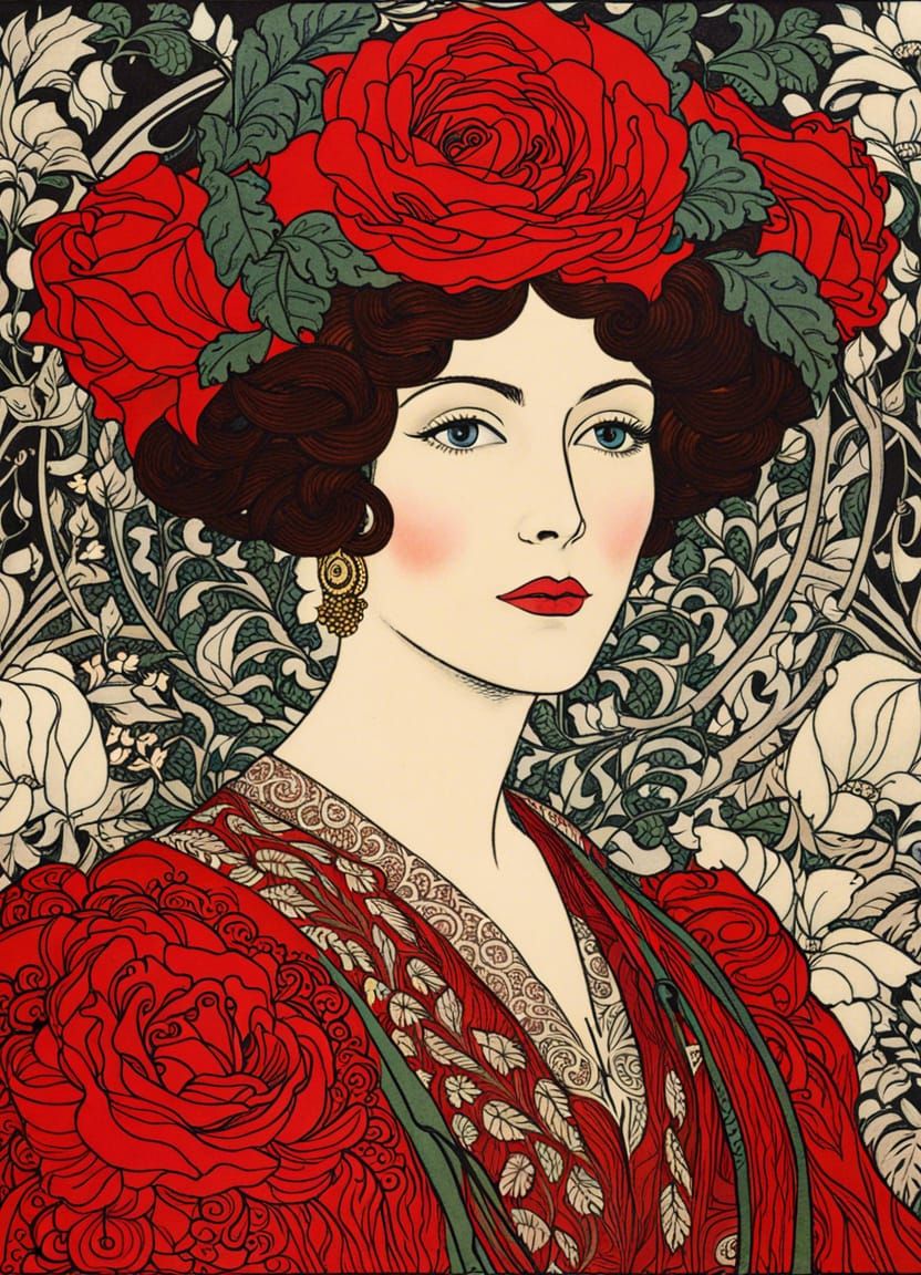 Woman with Red Rose in Art Nouveau Style