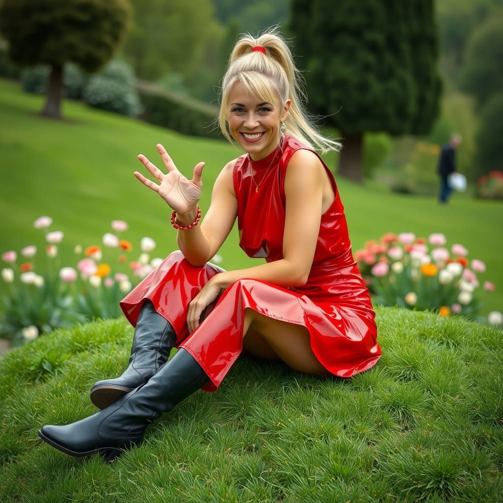 Woman in Red PVC Dress Waving in Garden