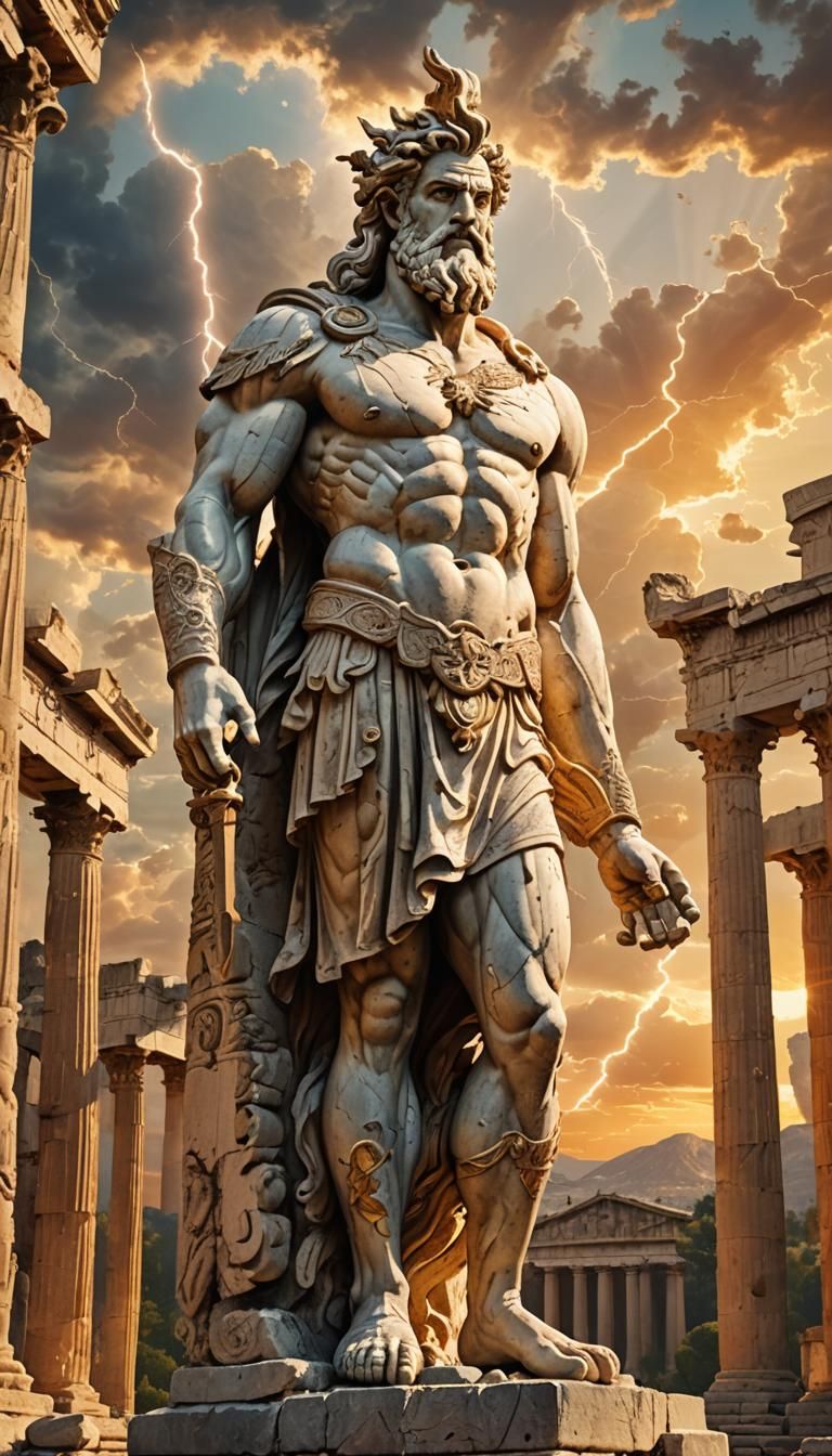 Zeus Stone Carving at Sunset: Digital Painting