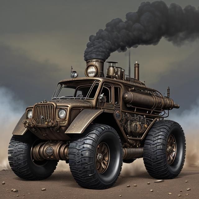 Steampunk Off road vehicle, coal powered, black smoke