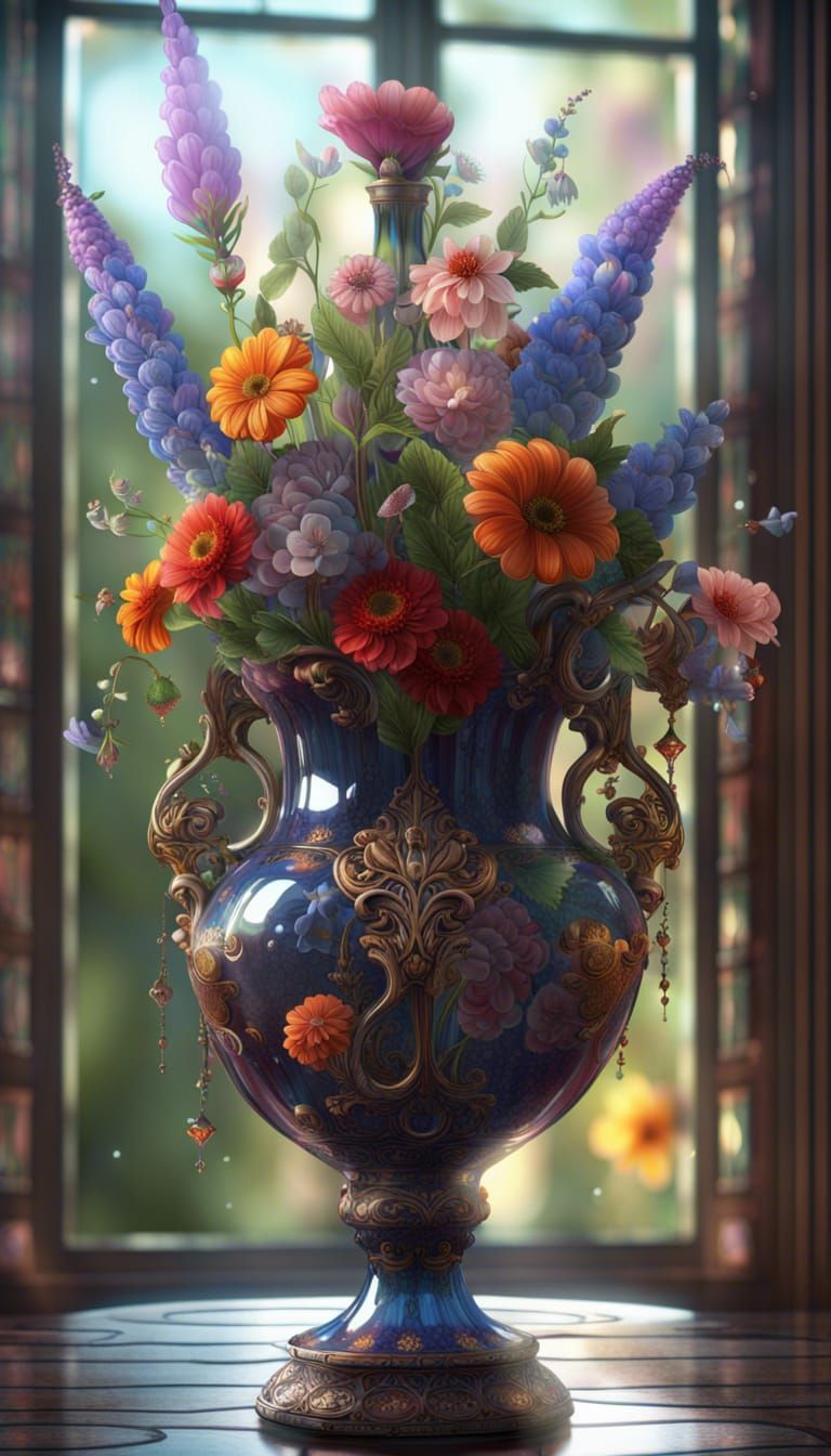 Ornate Vase Overflowing with Garden Flowers