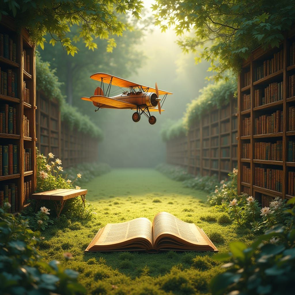 Enchanted Library Clearing with Vintage Biplane