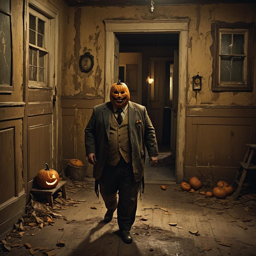 Eerie Pumpkin Figure in House Doorway, Cinematic Style