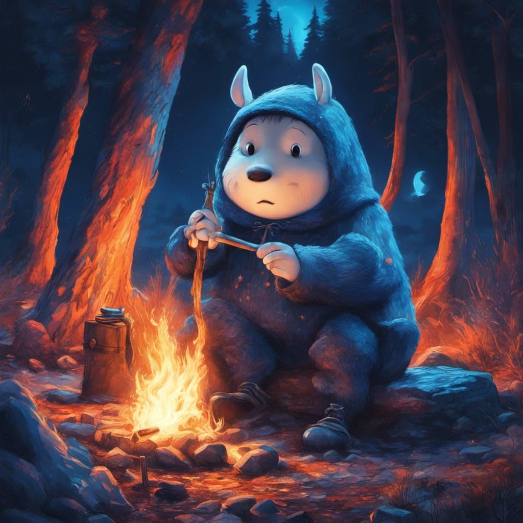 Groke by Campfire in Neon Moonlight