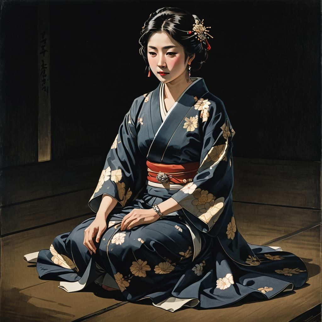 Lonely Japanese Woman in Dark Room with Wine