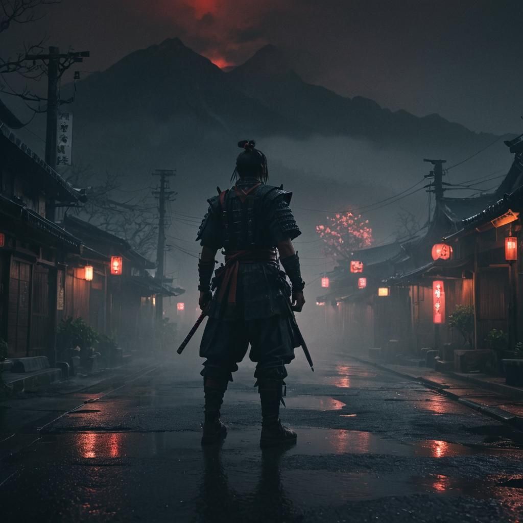 Cyberpunk Samurai in Foggy Village at Night