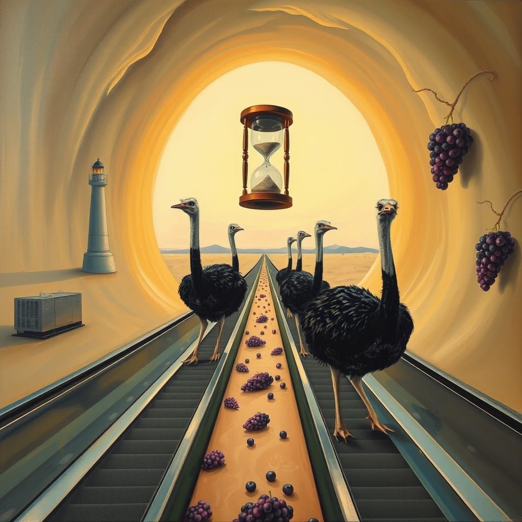 Surreal Desert Tunnel with Ostriches and Grapes