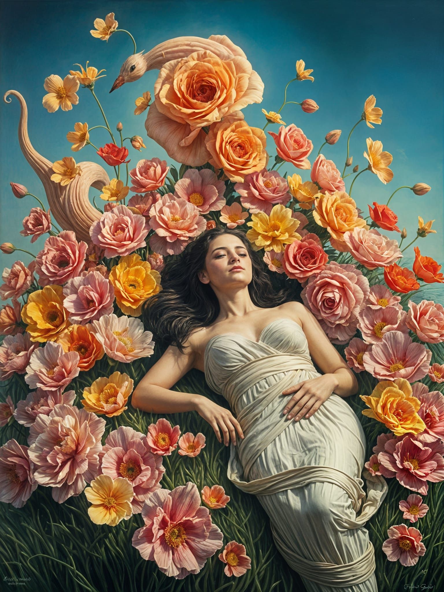 Dreamy Sea of Flowers: Surrealist Oil Painting