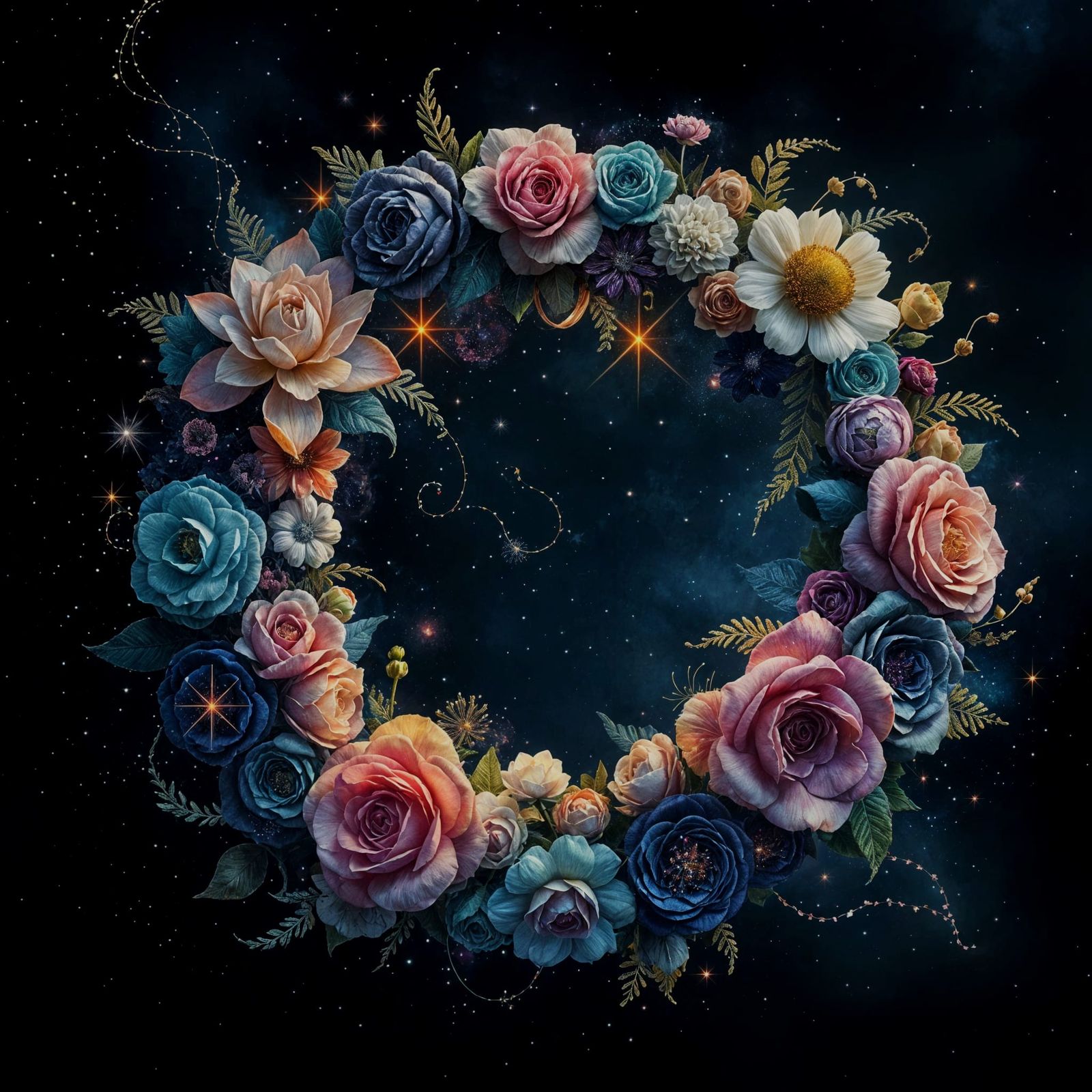 Stellar Floral Wreath in Cosmic Surrealist Style