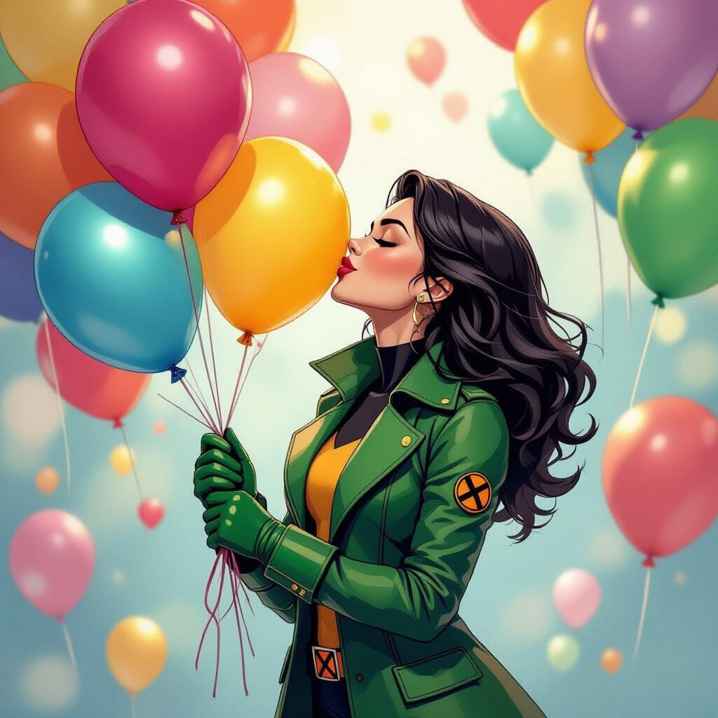 X-Men Rogue Kisses Birthday Balloons in Dreamy Cartoon Style