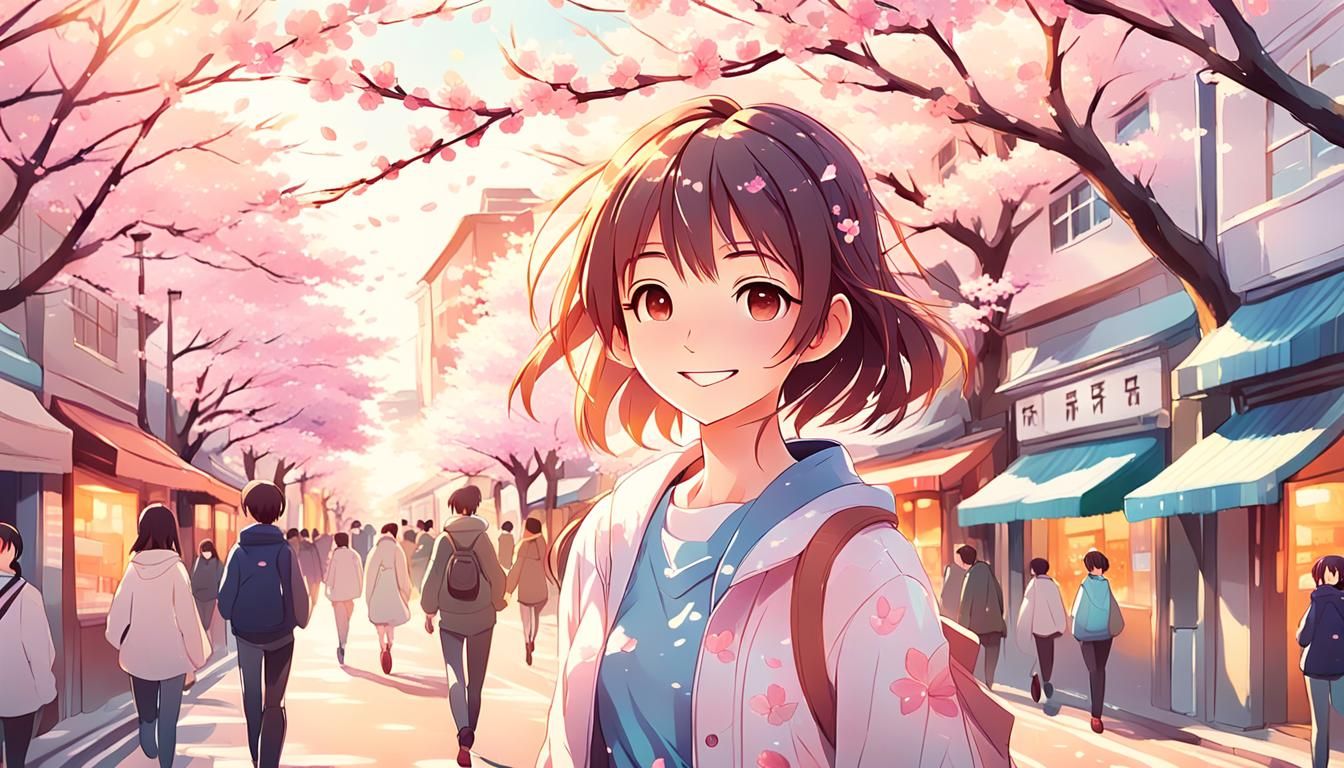 Anime Girl Walking Down a Bustling Street
