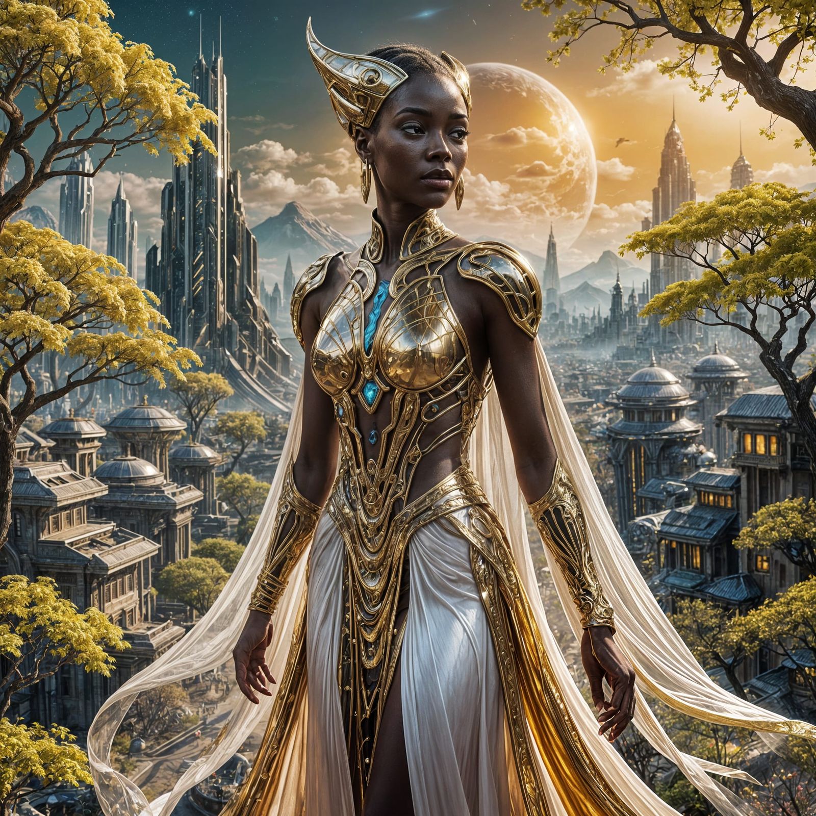 Elegant Alien Woman in Sci-Fi Cityscape