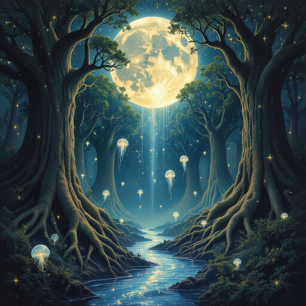 Upside-Down Cosmic Forest Beneath a Liquid Moon