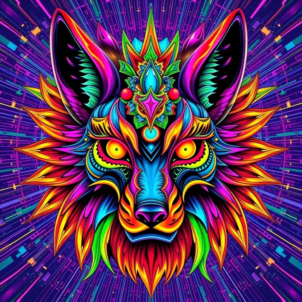 frontal cyber dmt fox god face made of psychedelic elements, beautiful colors, many details, symmetrical, frontal