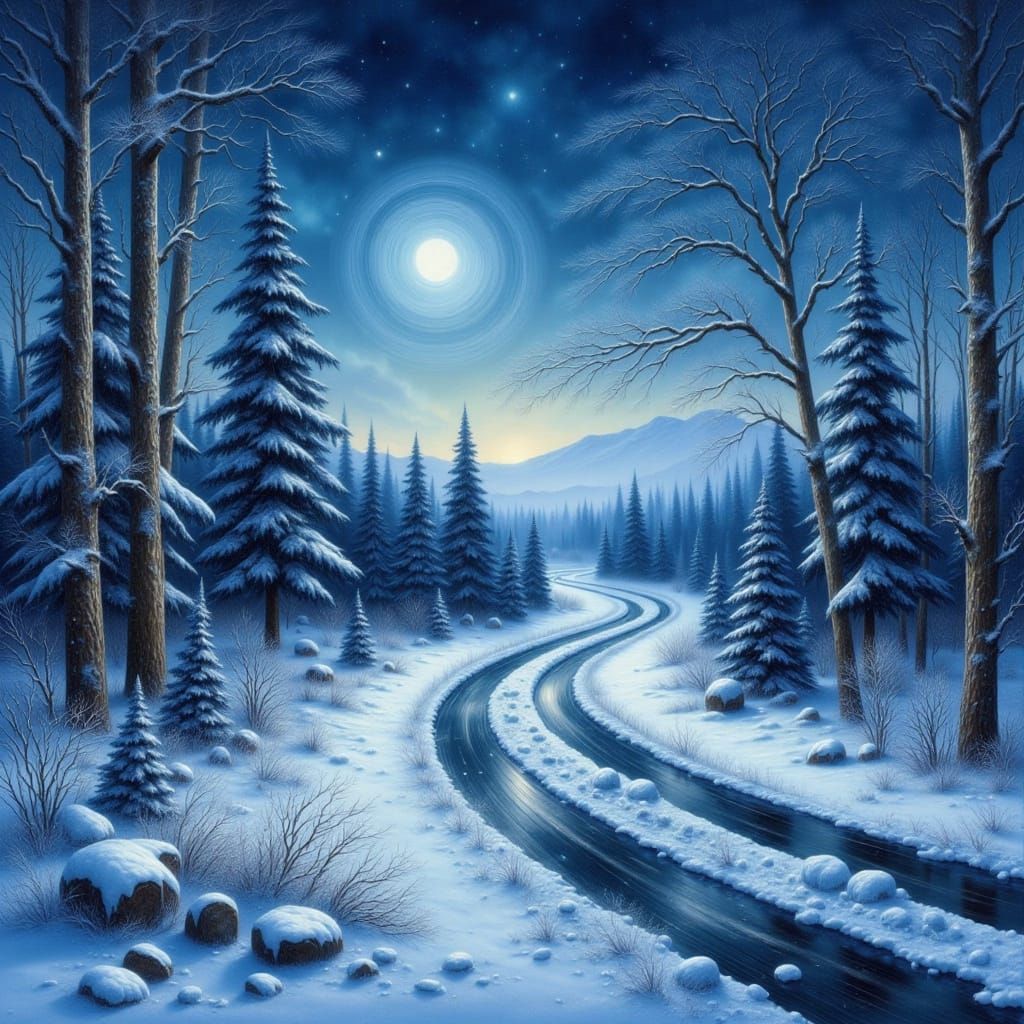 Winter Highway Through Canadian Prairie at Night